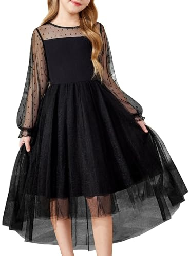 Arshiner Robe pour Fille Noire Fête Halloween d'hiver à Manches Longues Robe Enfants Asymétrique en Tullerobe pour Enterrement 15-16 Ans