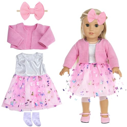 Vêtements de Poupée, 35-43 Poupée Habit Tenue Poupée, Vêtement de Poupée avec Robe de poupée avec Tulle et Papillon Cardigan en Tricot Chaussettes Bandeau avec nœud Cadeaux pour Filles Garçons(Rose)