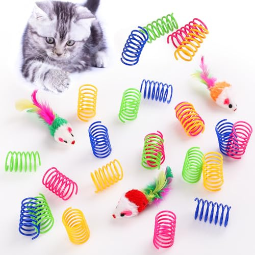 WD&CD Printemps Coloré Ressort Chat 27Pcs, Jouets Chat Interactifs, Jouets pour Chats avec 3 Souris en Peluche, Jouet Sautant Flexible et Transformable, Idéal pour Chatons et Chats