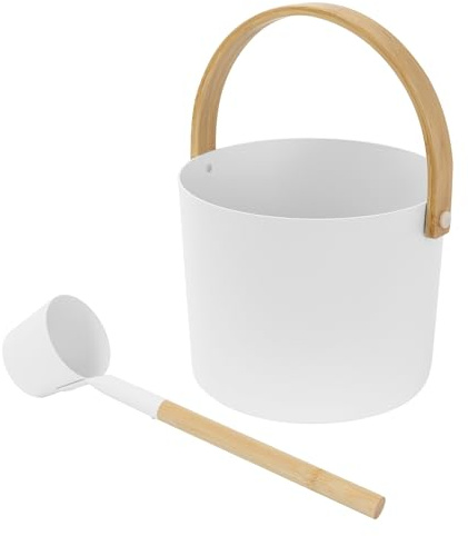 LuxeBath Kit Accessori Sauna in Alluminio e bambù Bianco, Set Sauna 2 Pezzi, Secchiello Durevoli per Infusione con Manico Pieghevole e Mestolo, Secchio Metallico per Sauna 6 L con Cucchiaio