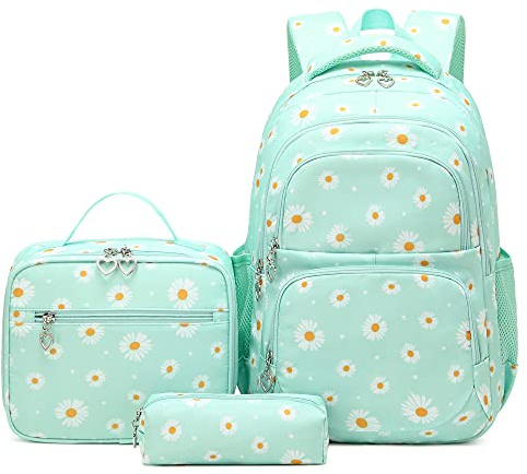Schulrucksack Mädchen Teenager Vintage - Juego de mochila para portátil con diseño floral para portátil Schultaschen Für Damen Schule Reise Mit Lunchpaket Tasche Und Mäppchen, 8865 Verde, Talla única
