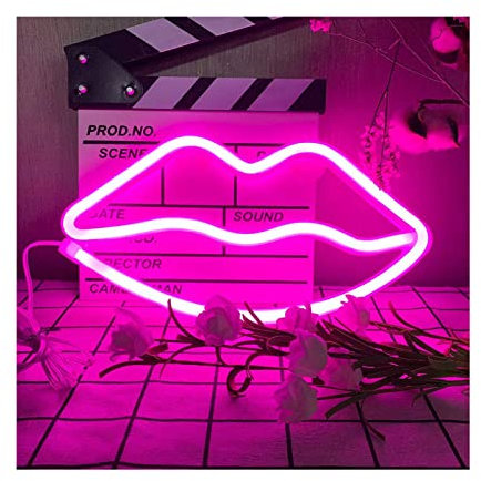 ENUOLI LED Lips Neon Light Sign Wall Light Battery/USB Operated Light Blue Art Decorative Neon Lights Signs for Walls Light up Signs for Bedroom Walls Party(Pink)