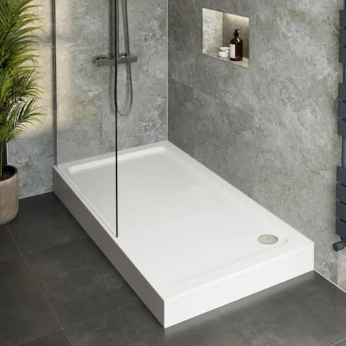 Hydrolux® 1000 x 800 x 140mm White Bathroom Shower Tray for Enclosures Cubicles & Wet Room with Chrome Waste + Riser Kit, Rectangular