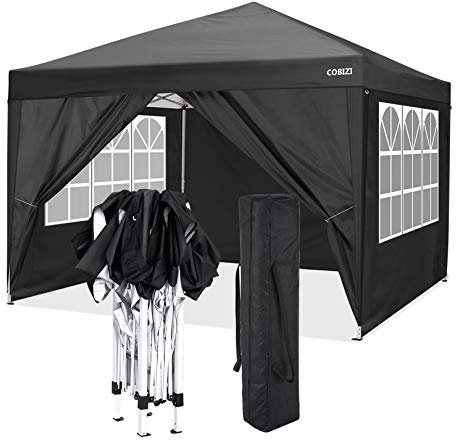 COBIZI Tonnelle de Jardin 3x3m Tente Pavillon de Jardin Pliante pour Exterieur, Acier revêtu de Poudre Robuste, imperméable avec 4 Côtés, Tonnelle Barnum Tente pour Jardins, Camping, Plage (Noir)