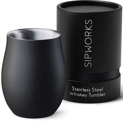 Sipworks Whiskey Tumbler - 8 oz Stainless Steel Tumbler with Double Walled Vacuum Insulation - Dishwasher Safe, Spill Resistant, Insulated Whiskey Tumbler for Travel & Parties - Midnight Black