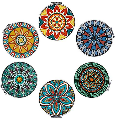 Beaufy Piccolo Ingrandito Specchio Compatto Ingrandimento 1x/2x Trucco Viaggio Ingranditore Pieghevole Portatilede Borsetta Borsa Specchi Mandala in Rilievo per Ragazza Donna Uomo Confezione da 6