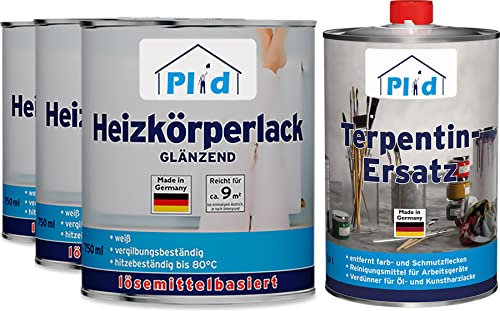 Plid® Heizkörperlack lösemittelhaltig Thermolack Metalllack Heizkörperfarbe Lack Farbe für heizkörperverkleidung schnelltrocknend 2in1 hitzebeständig 80° Glänzend Weiß 2,25l Terpentinersatz
