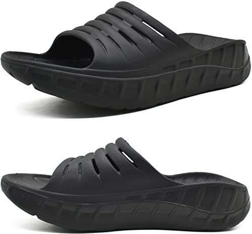 KuaiLu Mens Recovery Sandals Sport Comfortable Arch Support Cushion Athletic Sliders Orthotic Plantar Fasciitis Open Toe Wide Width Thick Sole Sandles Summer Pool Beach Slippers Black Size 8