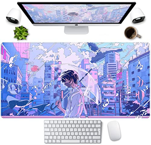 Anime kawaii-skrivbordsunderlägg, söt japansk stor gaming-musmatta, XXL, pastellestetik i lila och blå, musmatta för laptop och tangentbord, magisk fantasistad, för tjejer och gamers, 80 x 40 cm
