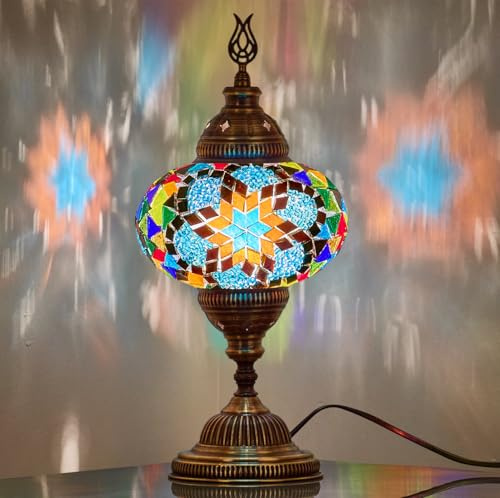 DEMMEX Turkish Moroccan Mosaic Table Bedside Night Lamp, Tiffany Style Colorful Glass Mosaics Unique Oriental Exotic Table Lamp, 16cm Big Size Globe, 36cm Height (Blue & Multi)