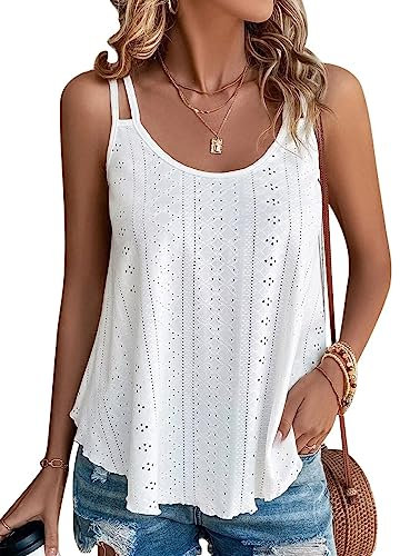 DUOEASE Top Weiß Damen 2024 Sommer Eyelet ärmellose Oberteile Spaghetti Damen Eyelet Tank Tops XXL
