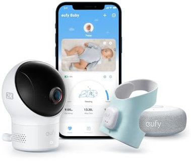 eufy Baby S340 Smart Sock Babyphone, 2,4 GHz WLAN, Überwachung von Schlafmustern, Nickerchen, Puls & Blutsauerstoff, 2K-Kamera, KI-Weinerkennung, Schwenk- & Neigefunktion, Ohne Monatliche Gebühren
