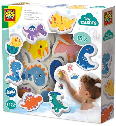 SES Creative | Jouet De Bain Dinosaures En Mousse | 15 Dinos Colorés Flottants | Activité Sensorielle Bébés Dès 12 Mois | Apprentissage Dino | Facile à Ranger | Idée Cadeau Bain Bébé