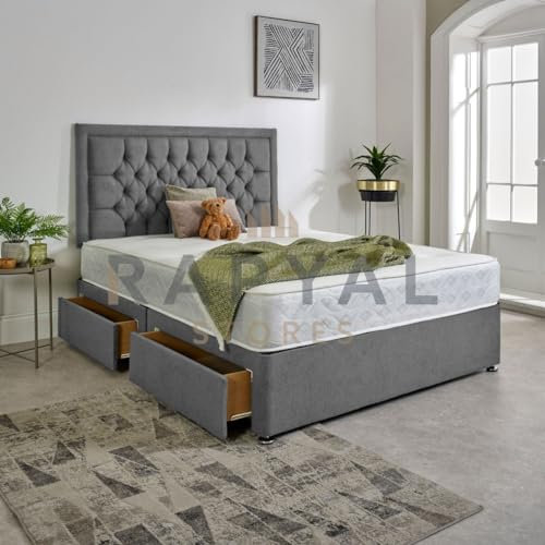 Hf4you Luxury Divan Bed Set in Plush with Chesterfield Bumper Headboard and Memory Sprung Mattress (Grey, 4ft6, No Drawers)