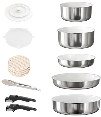 RIOVARM Acciaio inossidabile Set di pentole e padelle Induzione con manici staccabili, Ceramica Antiaderente Impilabile Set di pentole con coperchi, Adatto ai forni, Lavabile in lavastoviglie