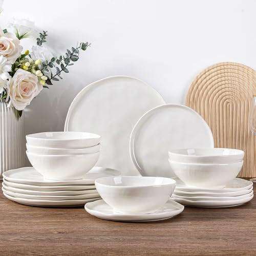 LeRatio Geschirrset für 6 Personen, 18-tlg Steingut Geschirr Set, Kratzfestes- Schüssel- und Teller-Set, Ofen-, Spülmaschinen- und Mikrowellenfestes (Weiß, 18 Teile Set)