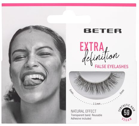 Beter – Pestañas postizas nº 59 Extra definition, extensiones de pestañas, incluye pegamento, veganas y reutilizables, pelo sintético con banda transparente para acado natural, maquillaje de ojos