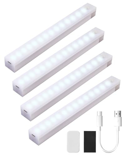 4PCS Under Cabinet Kitchen Lights, 4 Modes Motion Sensor Lights Indoor, USB Type-C Rechargeable Wardrobe & Stair Lights with Stepless Dimming, for Kitchen, Bedroom and Stairs (20cm/Cold White)
