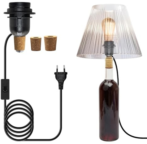 E27/E26 Soporte Lampara para Botella de Vino, DIY Portalámparas Lampara Adaptador, Negro Decorativa Lámparas de Mesa Pantalla Compatiblede Botella con 3 Tapones de Madera y 2.4m Cable(Sin Bombilla)