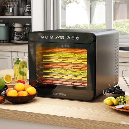 GOPLUS Deshidratador de Alimentos, Máquina para Deshidratar con Temperatura Ajustable de 30℃-75℃, Temporizador, 7 Bandejas de Acero Inoxidable, Apto para Lavavajillas, Pantalla Táctil, Luz