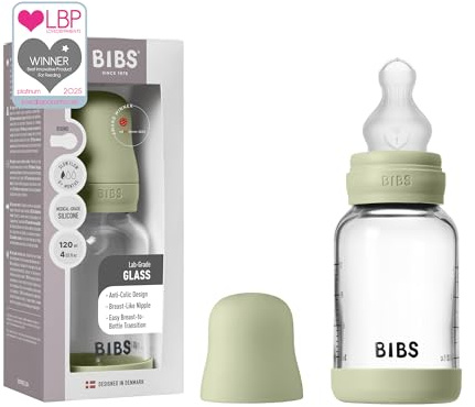 BIBS Baby Glass Bottle. 120ml. Anti-Colic. Vented Round Silicone Teat. Supports Natural Breastfeeding, Slow Flow, Complete Set - 120 ml, Sage