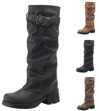Stivali da cowboy da donna con punta tonda - Stivali al ginocchio da donna pieghevoli - Stivali da cowboy con fibbia a scomparsa, stivaletti in pelle scamosciata, stivaletti alti da infilare