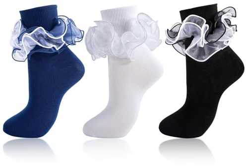 Evadollina 3 paia di calzini con volant, calze con volant donna, calzini tradizionali donna, calzini a 4 strati con pizzo, regali di Natale 39-42 (80% cotone + 20% elastan)