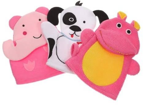 EXQUIMEUBLE Lot de 3 Moufles Exfoliants Bain Bébé en Coton Composite, Forme Cartoon, Mousse Riche et Prise Confortable, Bain des -nés Plusieurs styles