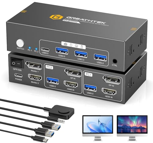 Conmutador KVM HDMI+Displayport 2 Monitores 2 Computadoras 8K@60HZ Monitores Duales Conmutador KVM para 2 PC/Portátiles Compartir Ratón Teclado y 2 Pantallas, con Puertos USB3.0/Controlador con Cable