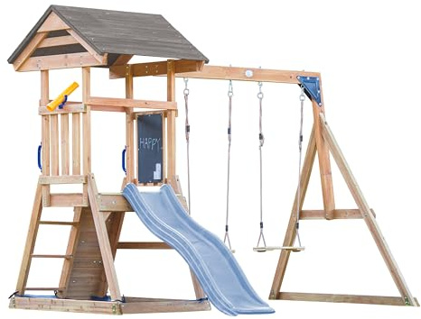 AXI MIA Parque Infantil de Madera en Marron | Torre de Juegos con arenero, Pared de Escalada, Columpio Doble y Tobogan Azul Pastel | Casita de Juegos sobre pilotes para el Jardin.