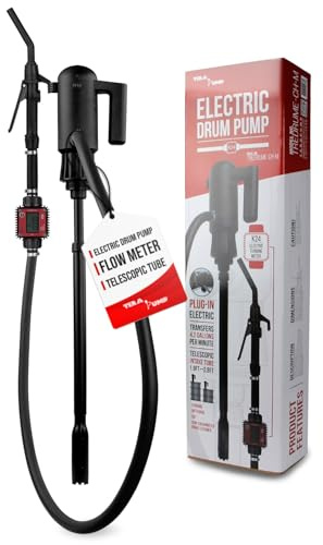 TERA PUMP Electric 55 Gal Drum Pump - Chemical Resistant Pump & Flow Meter for Methanol, Ethanol, DEF, Window Washer Fluid, Water, Transfers 4.2 GPM
