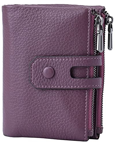 Bveyzi Small Soft Leather Purses for Women, RFID Blocking Women's Credit Card Holder Ladies Wallets Double Zipper Pocket (Deep Plum)