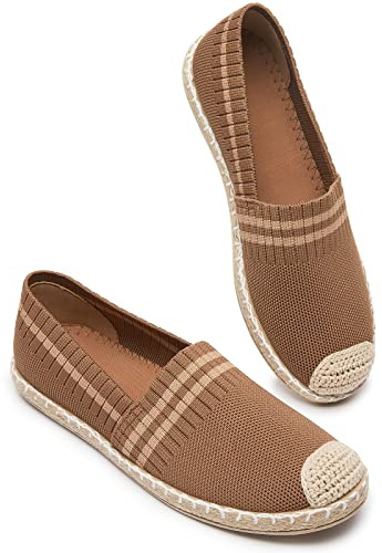 BABUDOG Womens Espadrilles Breathable Flats Shoes Mesh Slip on Loafers Soft White Flats(Brown.US9)