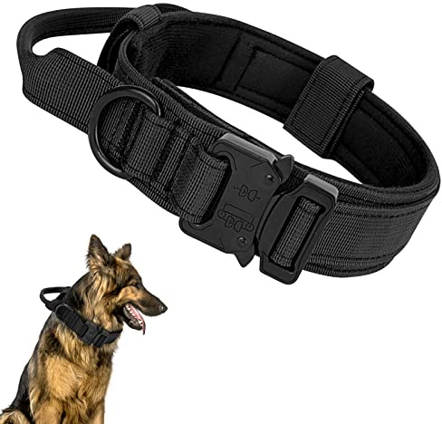 Ledeak Collare Tattico per Cani Regolabile Con Maniglia di Comando, Militare in Nylon Con Fibbia in Metallo per Cani di Taglia Media e Grande Addestramento (L, Nero)