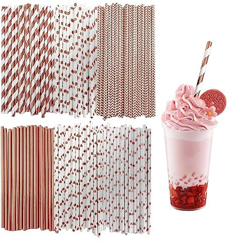 150 Pezzi Di Cannucce Di Carta Oro Rosa, Biodegradabili, Multi-modello, 6 Stili - A Righe