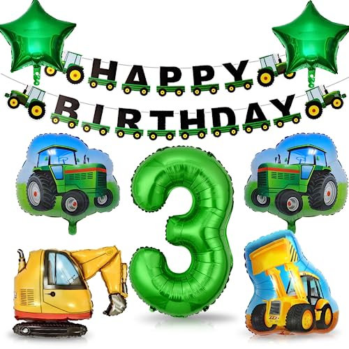 Bluelves Traktor Geburtstag Geko 3 Jahre, Geburtstagsdeko Junge, Luftballon, Deko Kindergeburtstag, Grün Folienballon Bagger für Jungen Party Dekoration