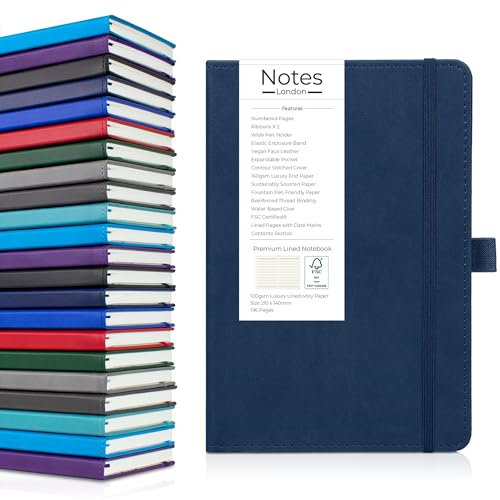Notes London Premium-Notizbuch im A5-Format mit genähtem Hardcover, 100 g/m², linierten, nummerierten und mit Datum versehenen Seiten, 2 Bändern, Stiftschlaufe, Inhaltsseite, Papiertasche (Marineblau)