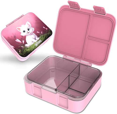 Jarlson® Brotdose Kinder mit Fächern | NUR HANDWÄSCHE | Lunchbox BPA frei | Bento Box auslaufsicher | Jausenbox für Kindergarten und Schule |1000 ml (Katze Rosa, MILI (3 Fächer - leichtgewicht)