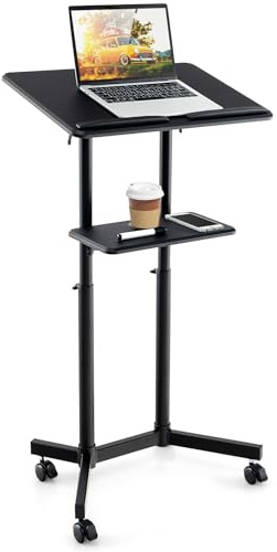LIFEZEAL Mobiler Rednerpult für Laptop, Höhenverstellbarer Laptoptisch, Stehpult Arbeitsplatz mit neigbarer Lesefläche, Podiumständer Präsentationspodium für Konferenzraum, Büro
