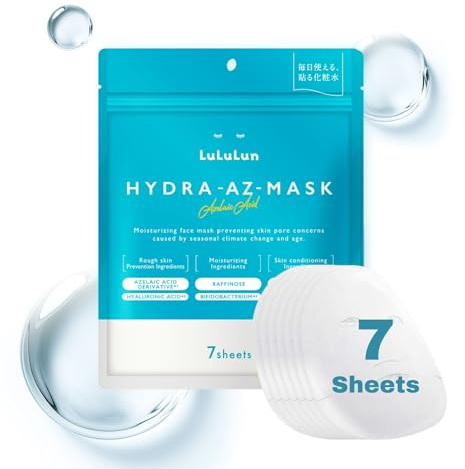 Lululun Hydra‑AZ Pore Refining Sheet Mask with Azelaic Acid, Mandelic Acid & Hyaluronic Acid – Soothing Hydration, Redness Relief, Daily Face Treatment for Sensitive Skin, Japanese Skincare, 7 fogli