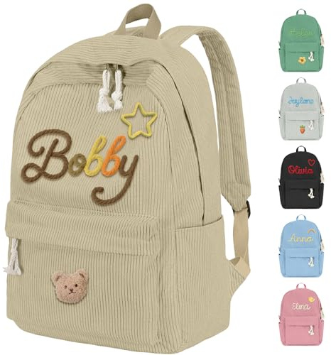 WolunLi Mochila personalizada para niñas y niños, mochila de pana con nombre e icono lindo para niños, caqui, 38 x 28 x 12 cm, Mochilas tradicionales
