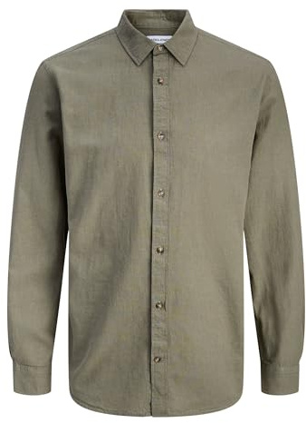 JACK & JONES Camicia da Uomo Jjesummer Misto Lino L/S SN, Verde Oliva, L, Oliva polverosa., L