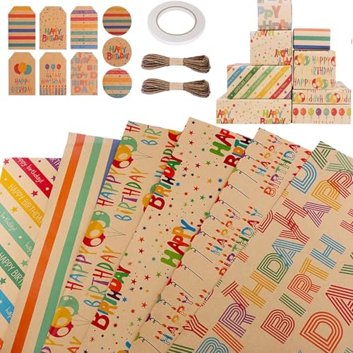6 Hojas Papel Para Envolver Regalos, Papel de Regalo Cumpleaños Kraft, Regalo Cumpleaños, con Cinta de Doble Cara, Cuerda, Etiquetas, 50x70cm, para Decorado, Día De Fiesta, Baby Shower