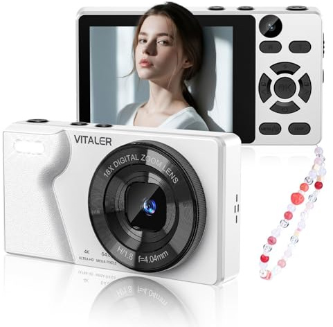 Appareil Photo Numérique 64MP 4K avec Double Objectif, Écran LCD 2,8, Batterie 2000 mAh, Coque en Alliage de Zinc, Zoom Numérique 18X pour Adolescents, Débutants(Blanc,Pas DE Carte SD)