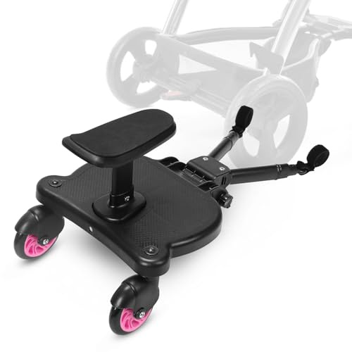 Buggy-bräda med säte, barnbräda för barnvagn, universell stegbräda med avtagbar sits, 360 graders dubbelhjul, justerbar, upp till 25 kg, rosa