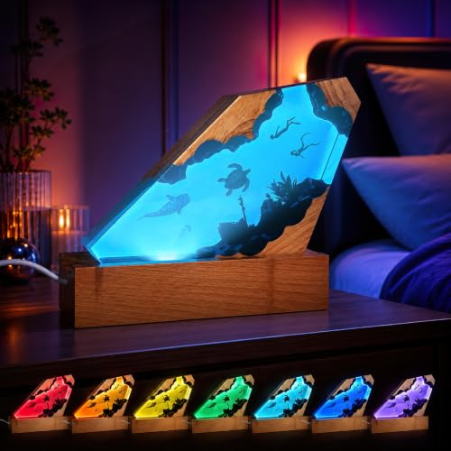 Lámpara Océano Resina Epoxi, Luz Nocturna 7 Colores Regulable Base Madera