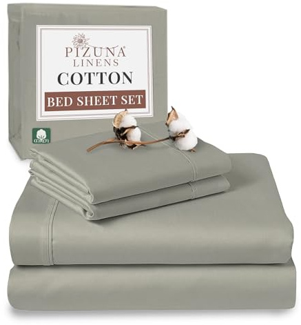 Pizuna 100% Cotton Double Bed Sheet Set Silver, 400 Thead Count Long Staple Cotton Bedding Set 230x280 cm, Soft Sateen 4 PC Double Bed Sheet Set - Fitted Sheet, Flat Sheet & 2 Pillowcases