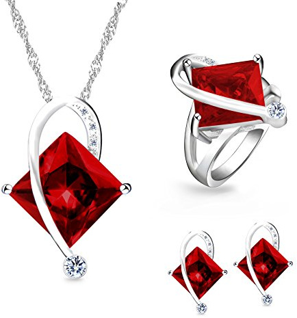 Uloveido Charm regnbåge skapad topaz mystisk stor fyrkantig kristallhalsband matchande örhängen ringar vitguldpläterade bröllopssmycken set (flerfärgad, röd, grön, blå, lila) T295, Glas, Kubisk zirkonia