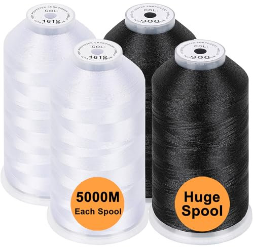 New brothread 4er Set (2xWeiß+2xSchwarz) Polyester Maschinen Stickgarn Riesige Spule 5000M für alle Stickmaschine