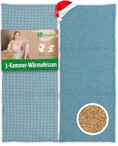HERBALIND 3-Kammer Wärmekissen Körnerkissen Schulter Nacken 50x20 cm in Karo/petrol - 100% Baumwolle - Getreidekissen mit Bio Roggen- und Weizen Füllung für Mikrowelle - Geschenk für Männer